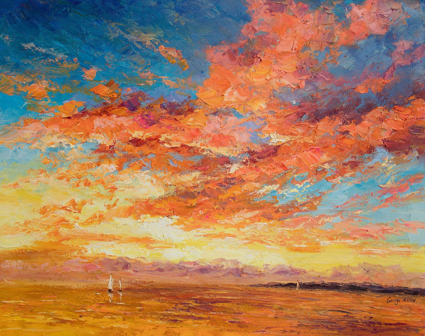 Large Wall Art Seascape Oil Painting Boats at Sea Sunset, Abstract Art, Living Room Wall Decor, Original Oil Painting, Large Abstract Art