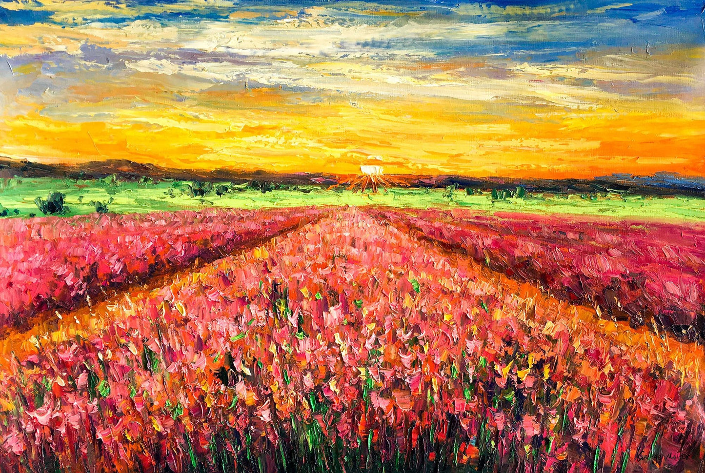 Oil Paintng Landscape French Spring Flower Fields Sunrise, Original Abstract Art, Large Canvas Art, Wall Decor, Bedroom Art, Orange Yellow