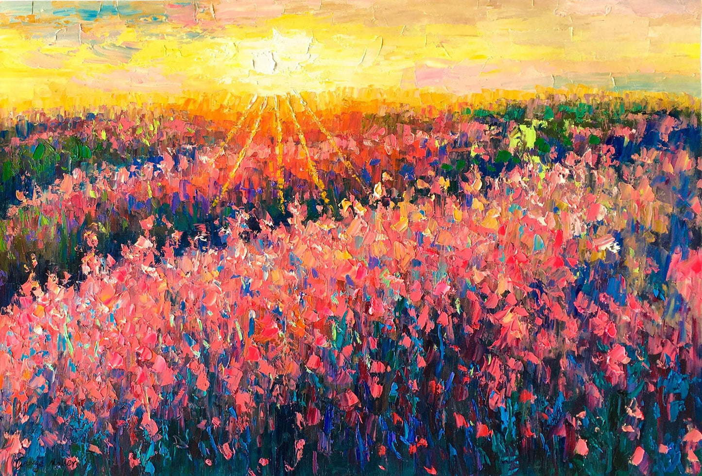 Large Canvas Painting Lavender Fields Sunrise French Provence Landscape, Abstract Canvas Art, Original Oil Painting Landscape, Original Art