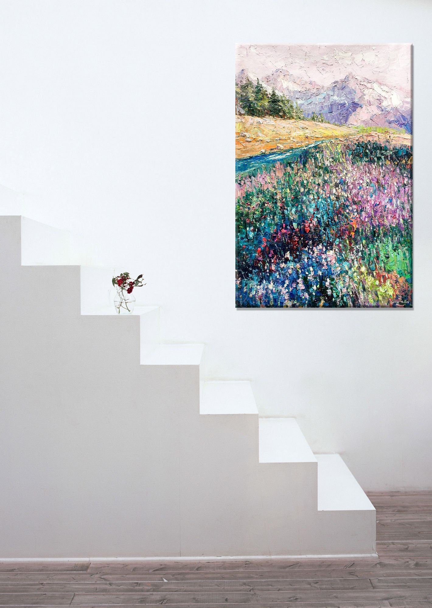 Landscape Oil Painting Spring by the Mountain, Oil Painting Abstract, Large Canvas Art, Large Wall Art Painting, Original Painting Knife Art