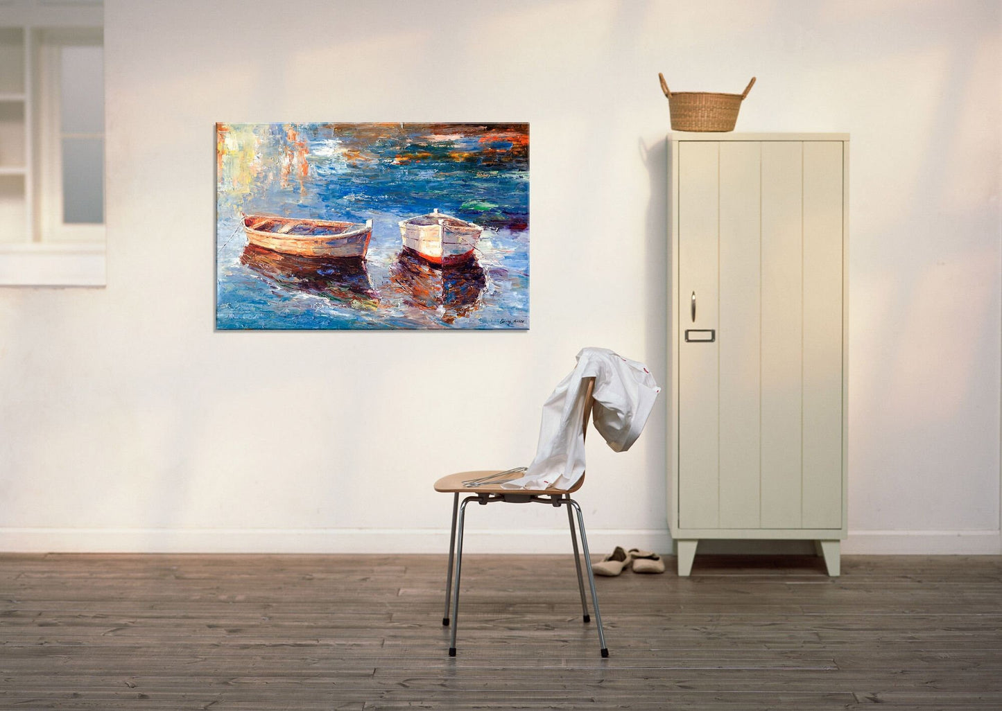 Large Oil Painting Fishing Boats, Wall Hanging, Large Abstract Painting, Wall Decor, Landscape Painting, Canvas Art, Painting Abstract