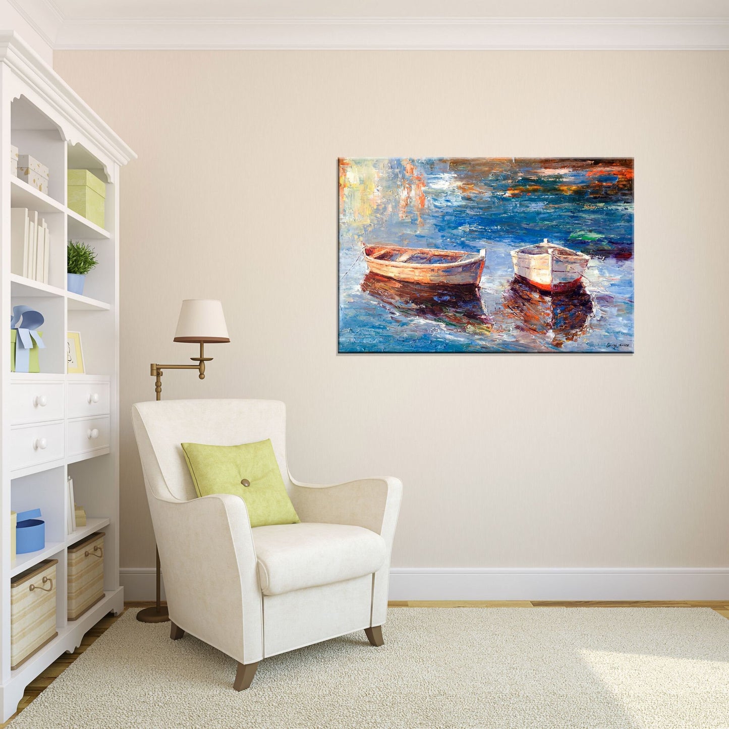 Large Oil Painting Fishing Boats, Wall Hanging, Large Abstract Painting, Wall Decor, Landscape Painting, Canvas Art, Painting Abstract