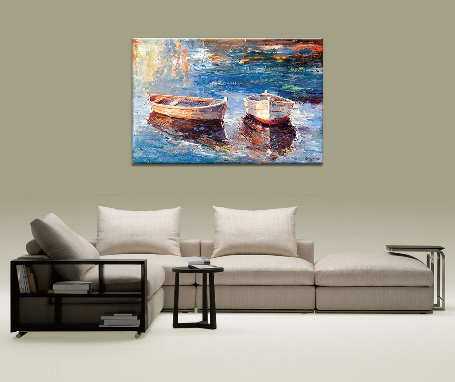 Large Oil Painting Fishing Boats, Wall Hanging, Large Abstract Painting, Wall Decor, Landscape Painting, Canvas Art, Painting Abstract