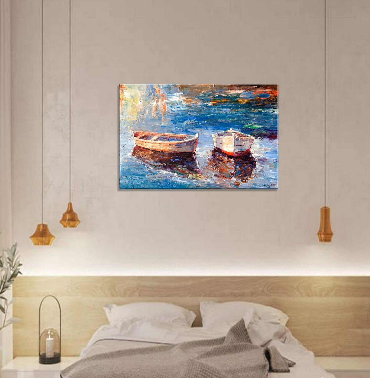 Large Oil Painting Fishing Boats, Wall Hanging, Large Abstract Painting, Wall Decor, Landscape Painting, Canvas Art, Painting Abstract
