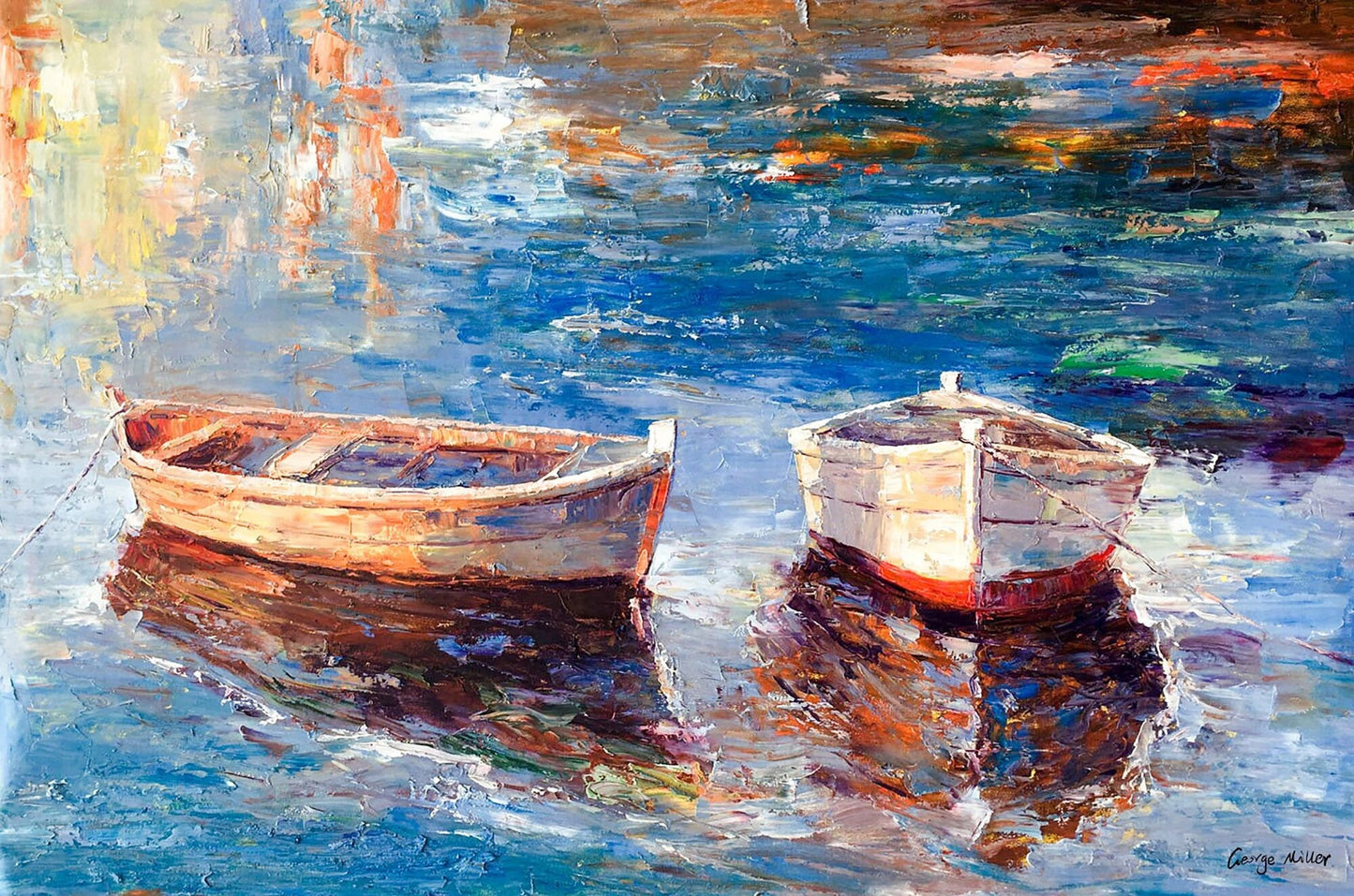 Large Oil Painting Fishing Boats, Wall Hanging, Large Abstract Painting, Wall Decor, Landscape Painting, Canvas Art, Painting Abstract