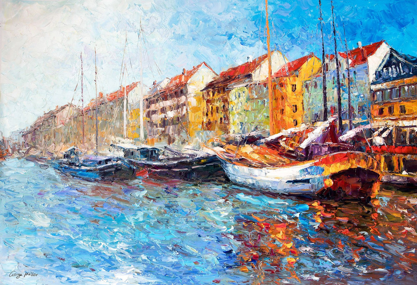 Large Oil Painting Cityscape Amsterdam, Boats, Original Oil Painting, Living Room Wall Art, Original Landscape Painting, Modern Painting,
