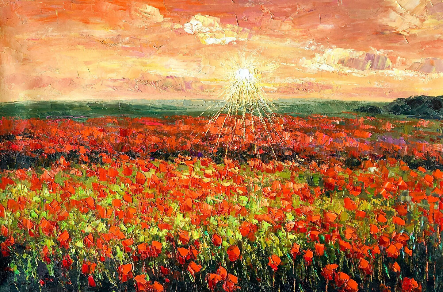 Large Landscape Oil Painting Poppy Fields at Dawn, Original Artwork, Canvas Painting, Canvas Wall Decor, Large Painting, Kitchen Wall Art