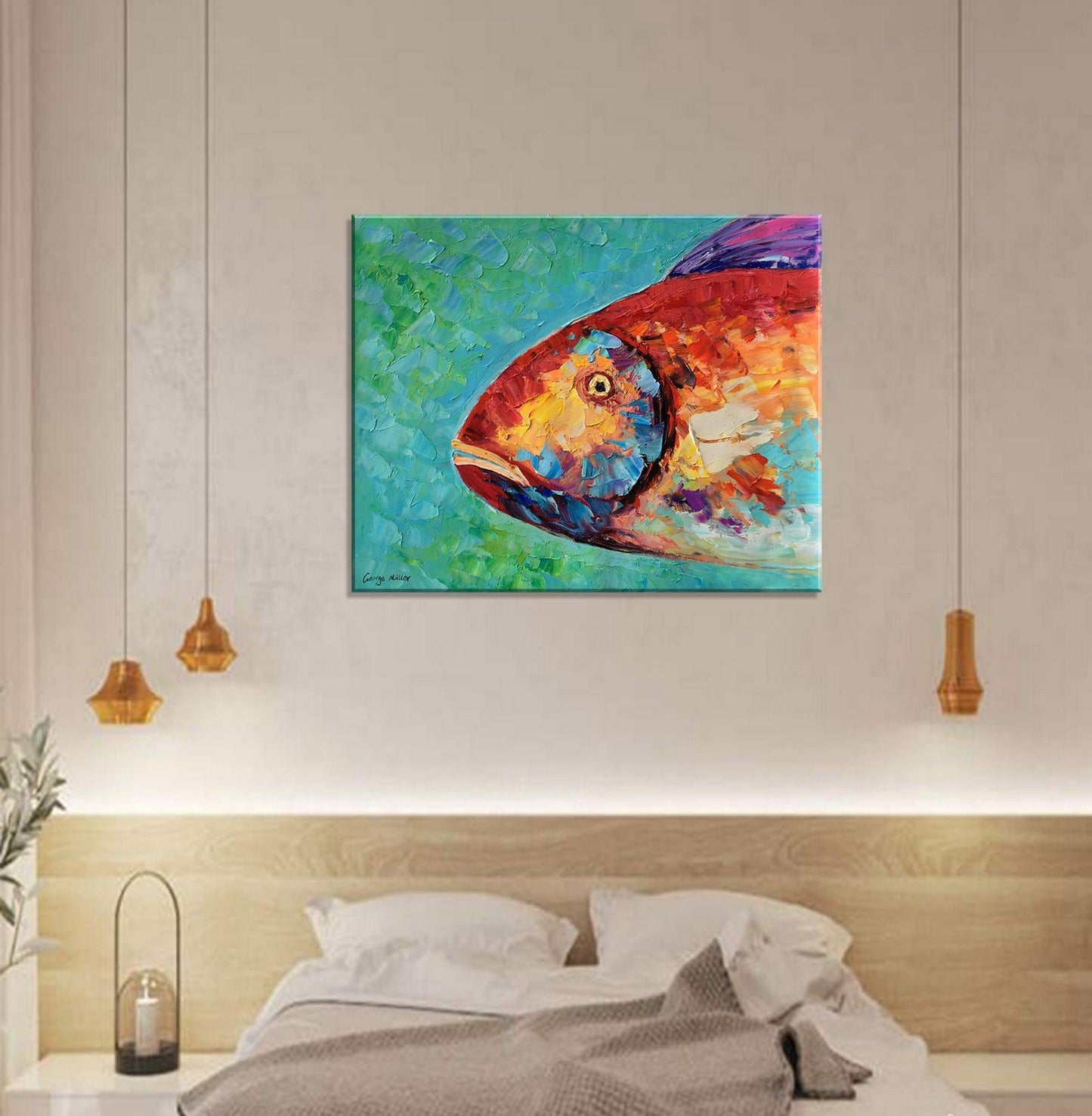 Original Oil Painting Abstract Canvas Art Bathroom Wall Decor Modern Art Fish Art Coffee Wall Art Painting Abstract Tropica Fish Art Framed