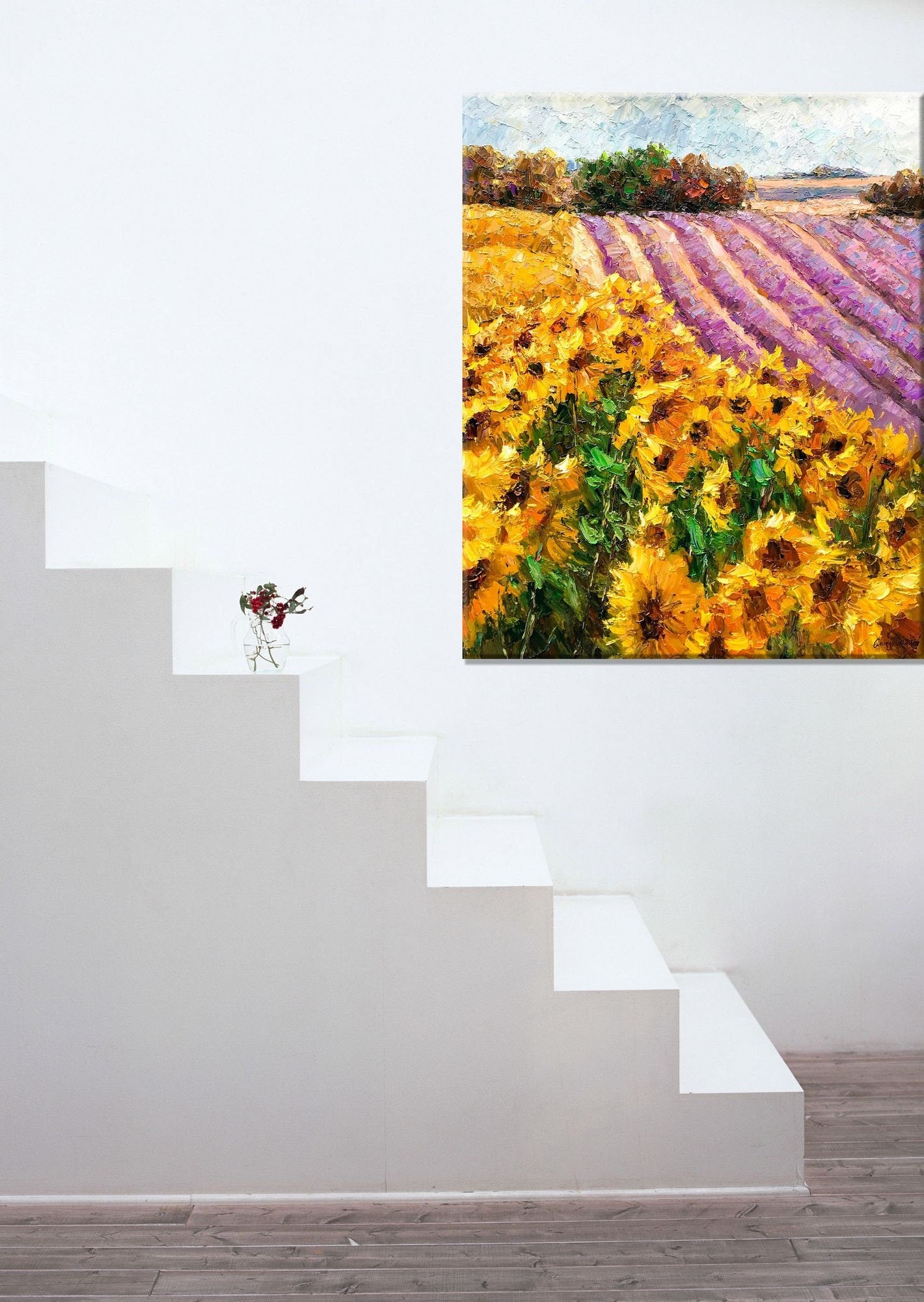 Landscape Oil Painting Lavender Fields With Sunflowers, Fine Art, Wall Art Painting, Hand Painted, Modern Art, Impasto Paintings On Canvas
