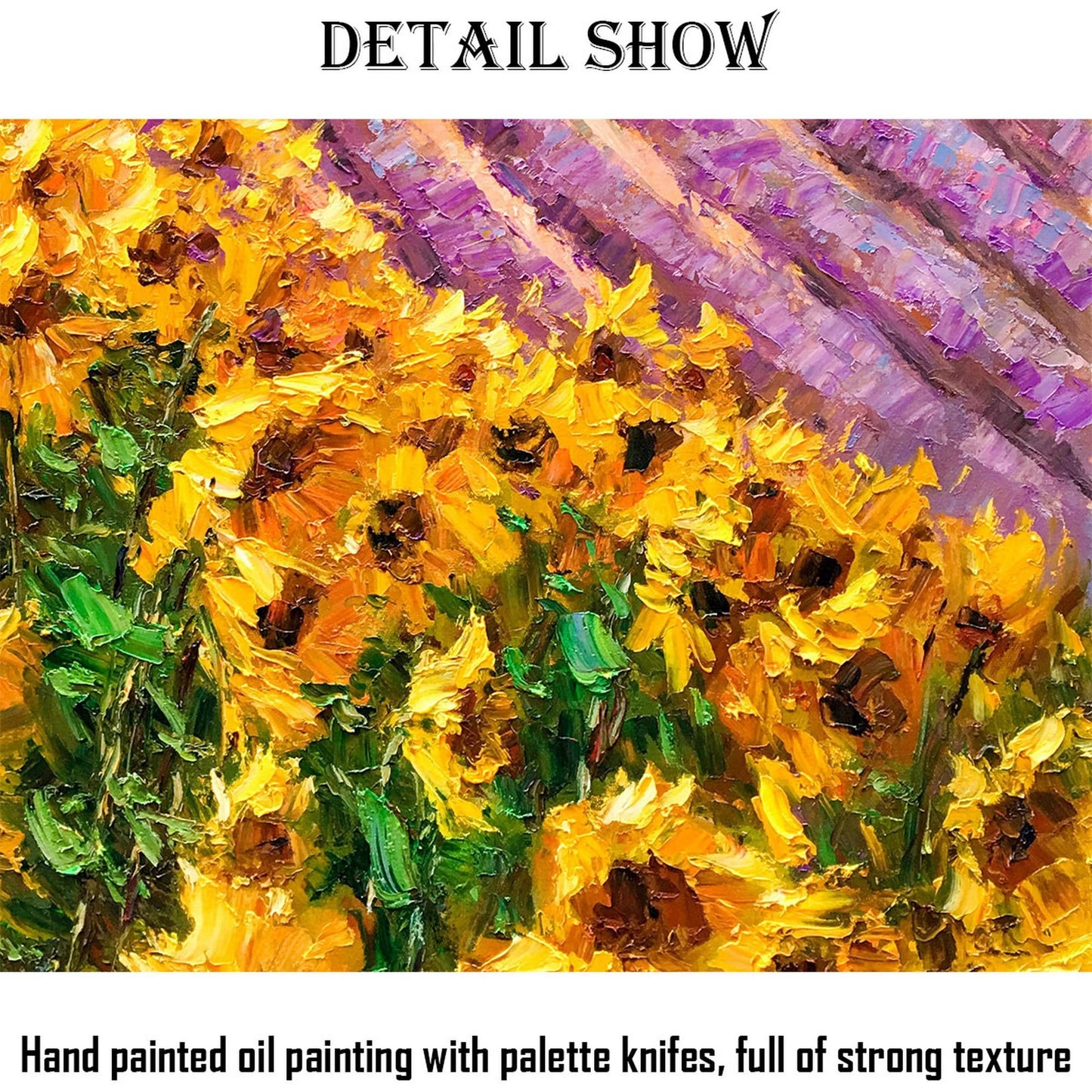 Landscape Oil Painting Lavender Fields With Sunflowers, Fine Art, Wall Art Painting, Hand Painted, Modern Art, Impasto Paintings On Canvas