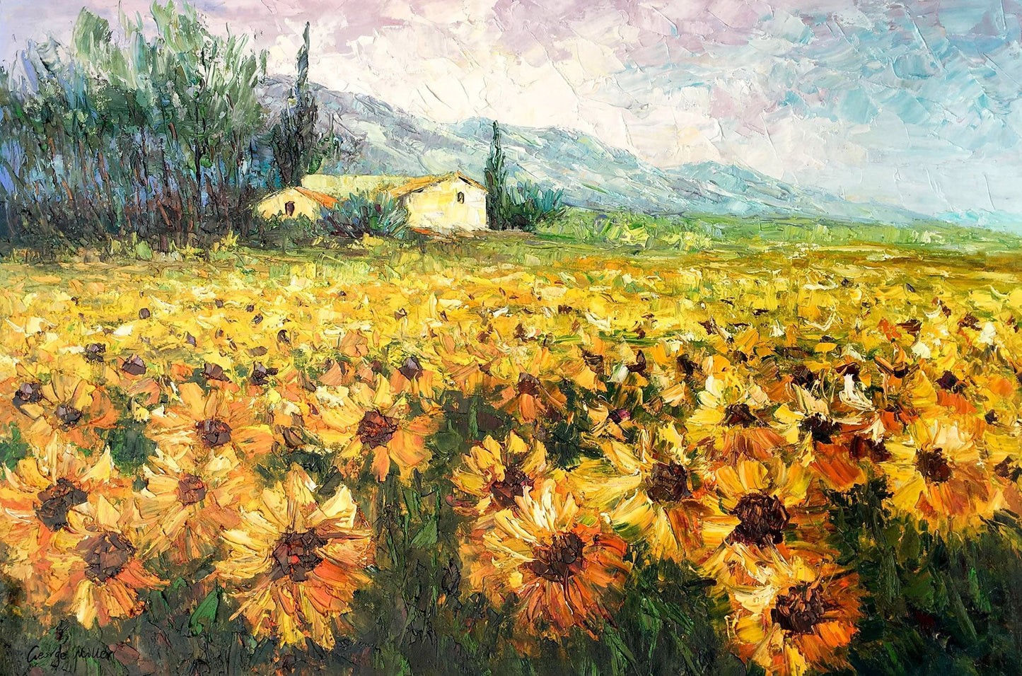 Large Landscape Painting Sunflower Garden, Abstract Painting, Abstract Wall Art, Canvas Art, Large Abstract Painting, Palette Knife Painting