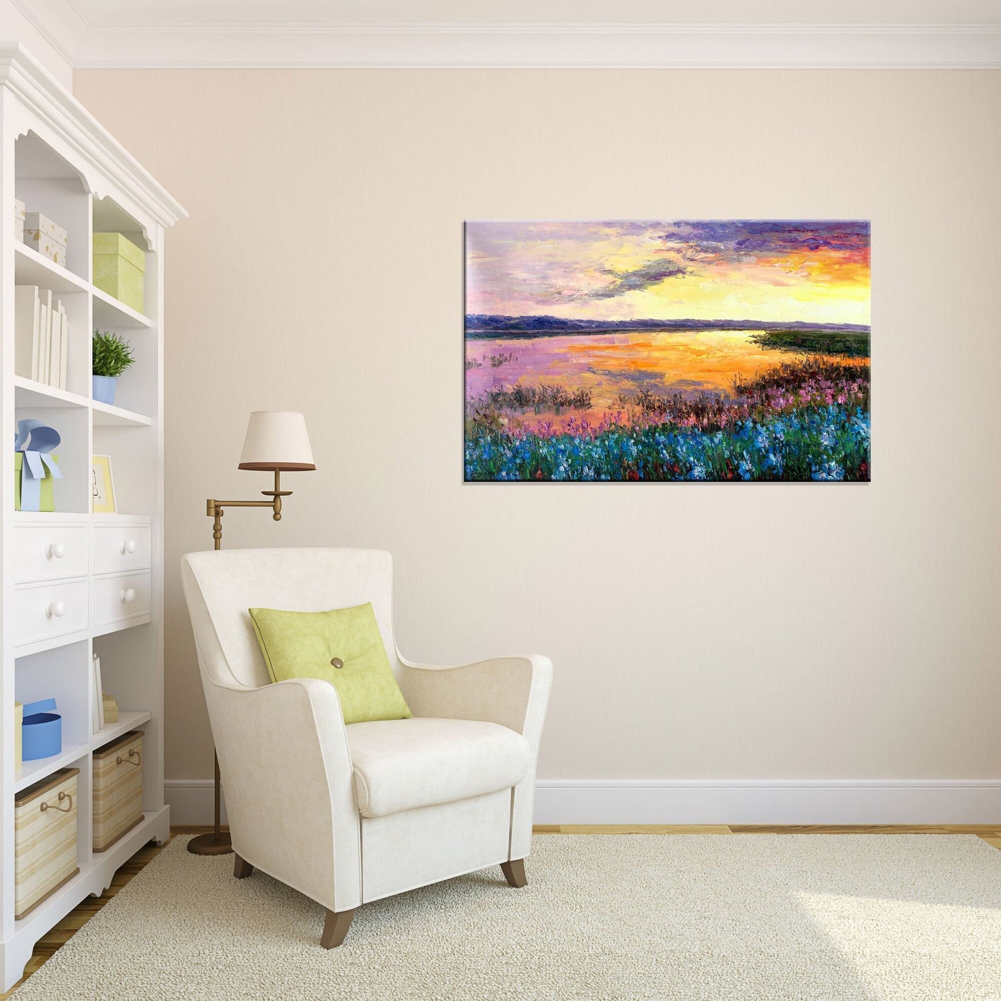 Large Oil Painting, Sunset by the River, Original Painting, Contemporary Painting, Landscape Painting, Large Canvas Wall Art, Wall Decor