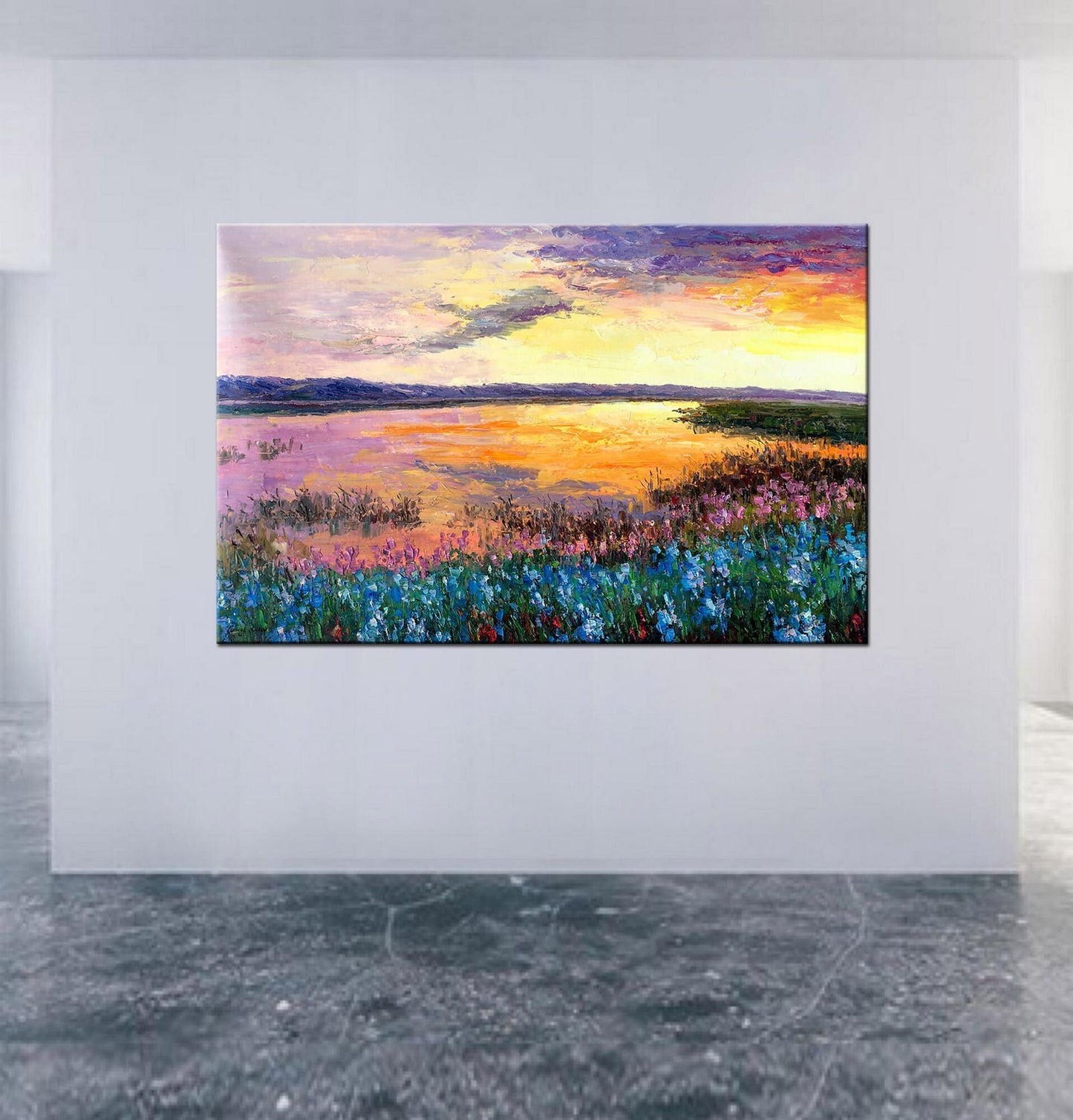 Large Oil Painting, Sunset by the River, Original Painting, Contemporary Painting, Landscape Painting, Large Canvas Wall Art, Wall Decor