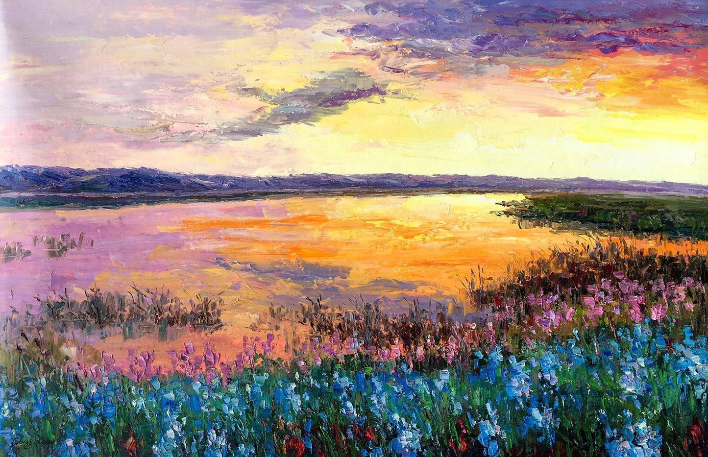Large Oil Painting, Sunset by the River, Original Painting, Contemporary Painting, Landscape Painting, Large Canvas Wall Art, Wall Decor