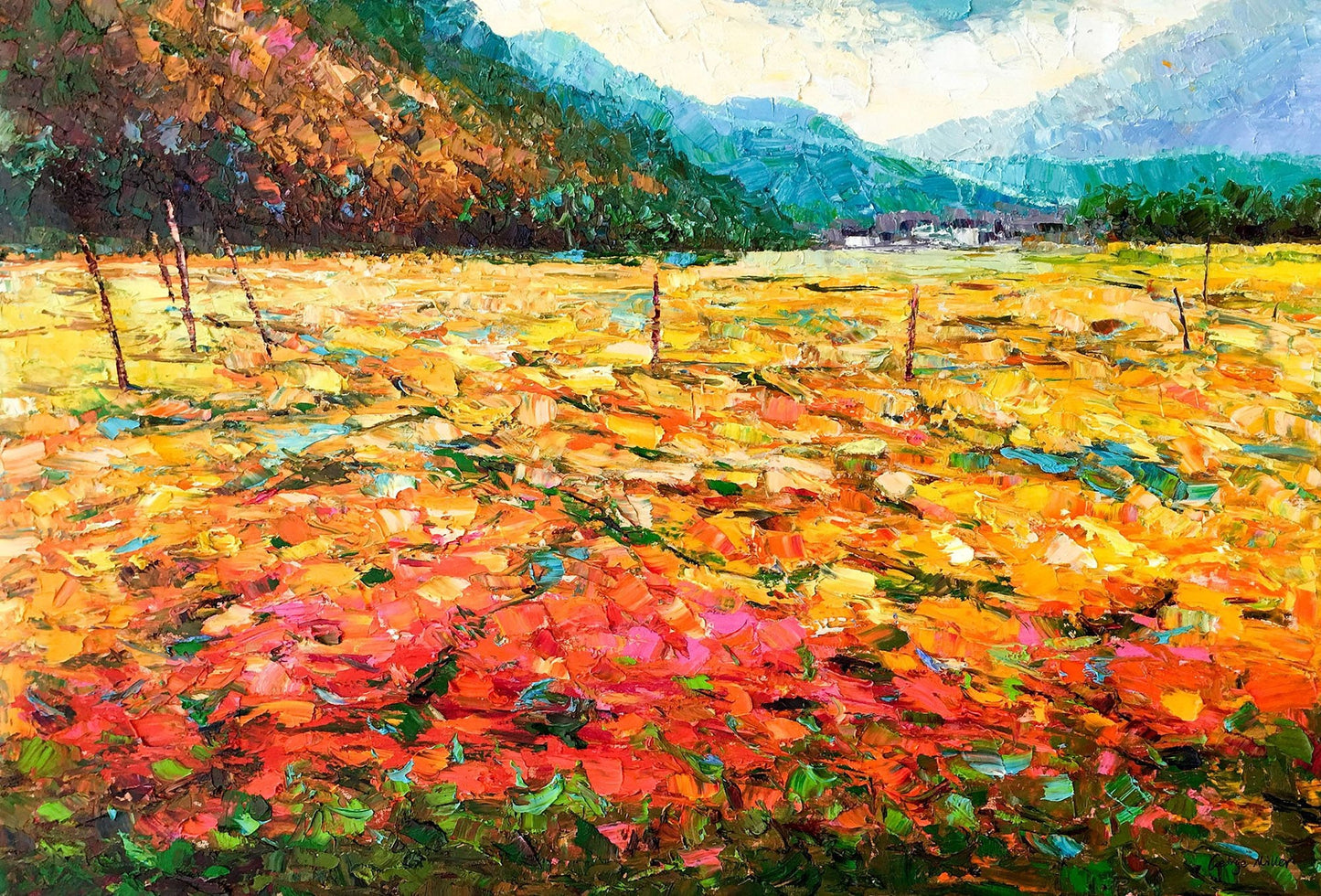 Large Oil Painting Landscape Spring Fields by the Mountain, Large Canvas Wall Art, Original Oil Painting, Original Landscape Painting Yellow