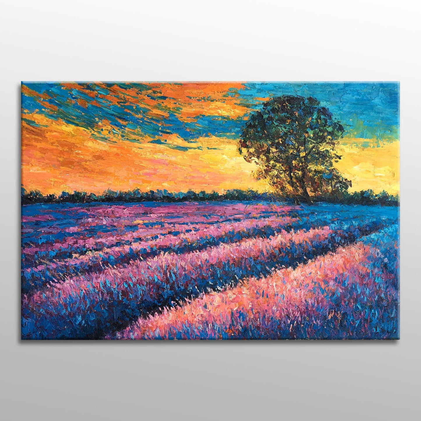 Landscape Oil Painting French Provence Lavender Fields Sunset, Wall Art, Large Painting, Handmade Painting, Modern Painting, Impasto