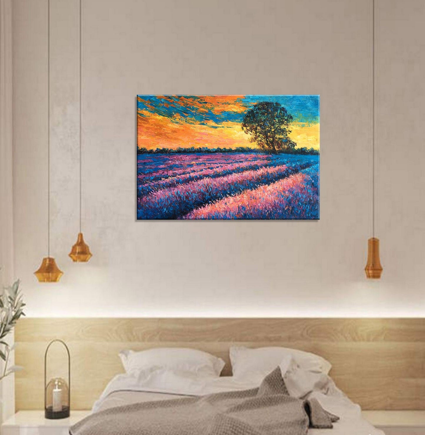 Landscape Oil Painting French Provence Lavender Fields Sunset, Wall Art, Large Painting, Handmade Painting, Modern Painting, Impasto