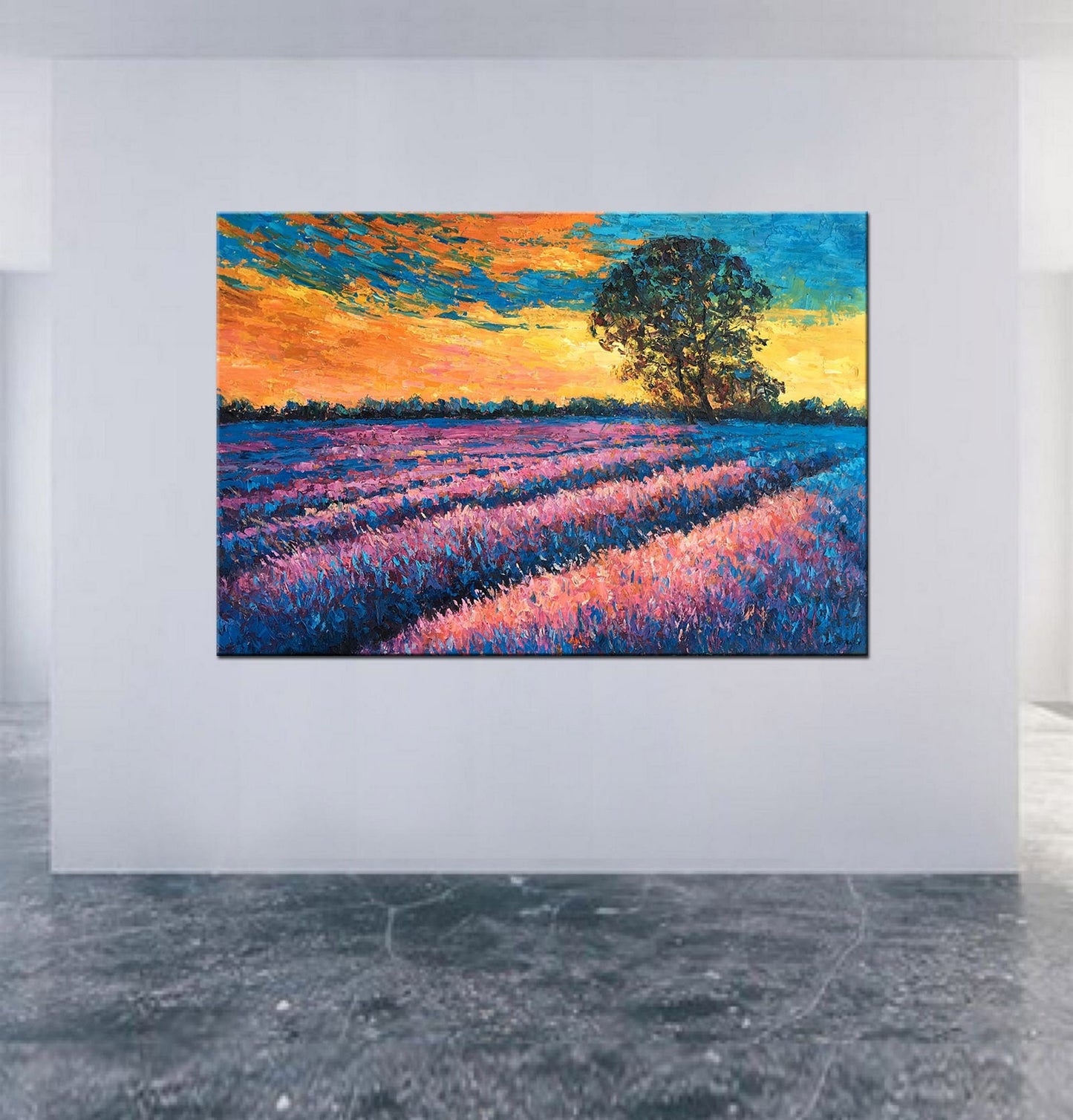 Landscape Oil Painting French Provence Lavender Fields Sunset, Wall Art, Large Painting, Handmade Painting, Modern Painting, Impasto