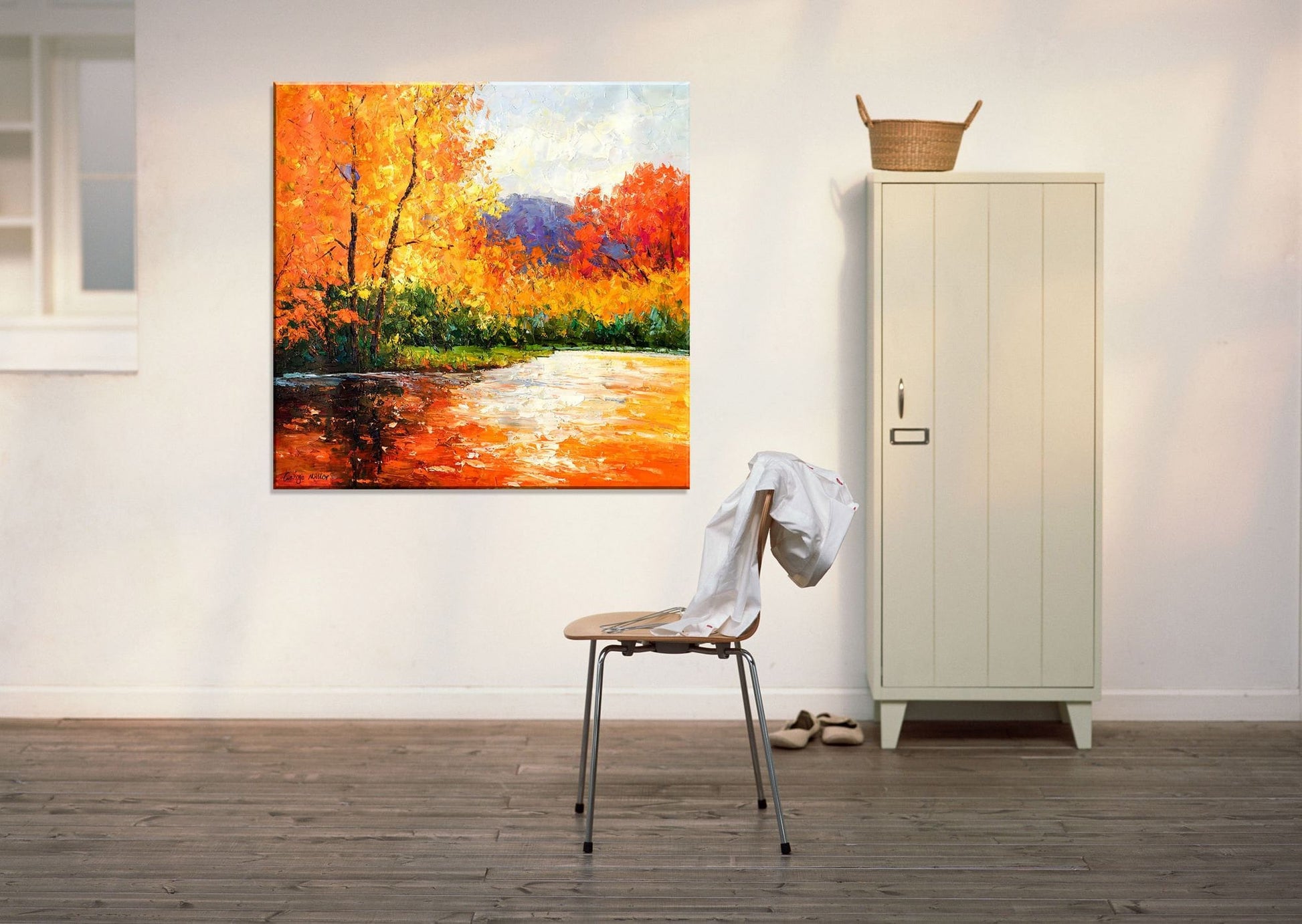 Oil Painting Autumn Trees By The River, Canvas Art, Oil Painting, Landscape Wall Art, Oversized Wall Art, Handmade Painting, Rustic Painting
