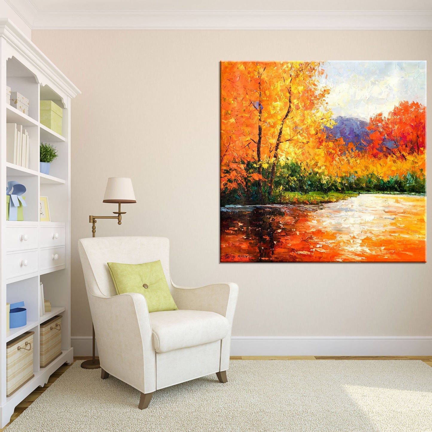 Oil Painting Autumn Trees By The River, Canvas Art, Oil Painting, Landscape Wall Art, Oversized Wall Art, Handmade Painting, Rustic Painting