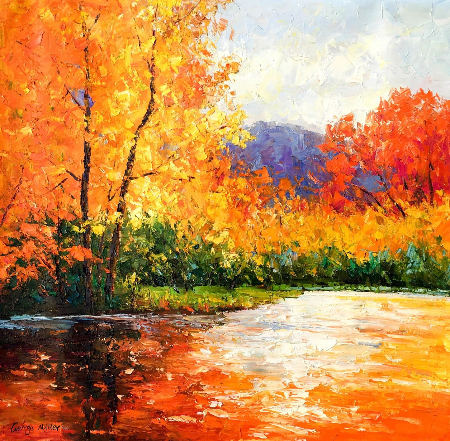 Oil Painting Autumn Trees By The River, Canvas Art, Oil Painting, Landscape Wall Art, Oversized Wall Art, Handmade Painting, Rustic Painting