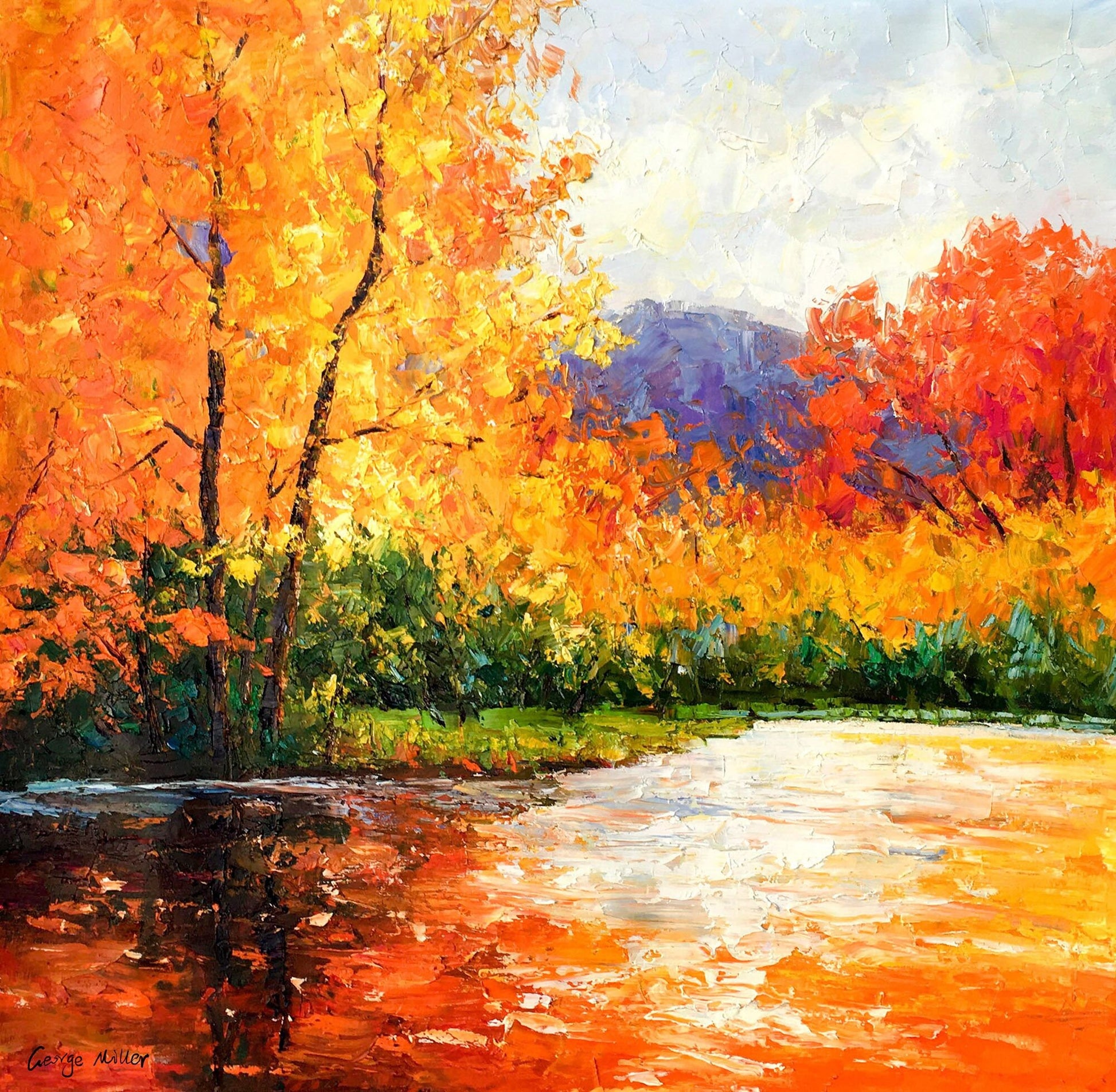 Oil Painting Autumn Trees By The River, Canvas Art, Oil Painting, Landscape Wall Art, Oversized Wall Art, Handmade Painting, Rustic Painting