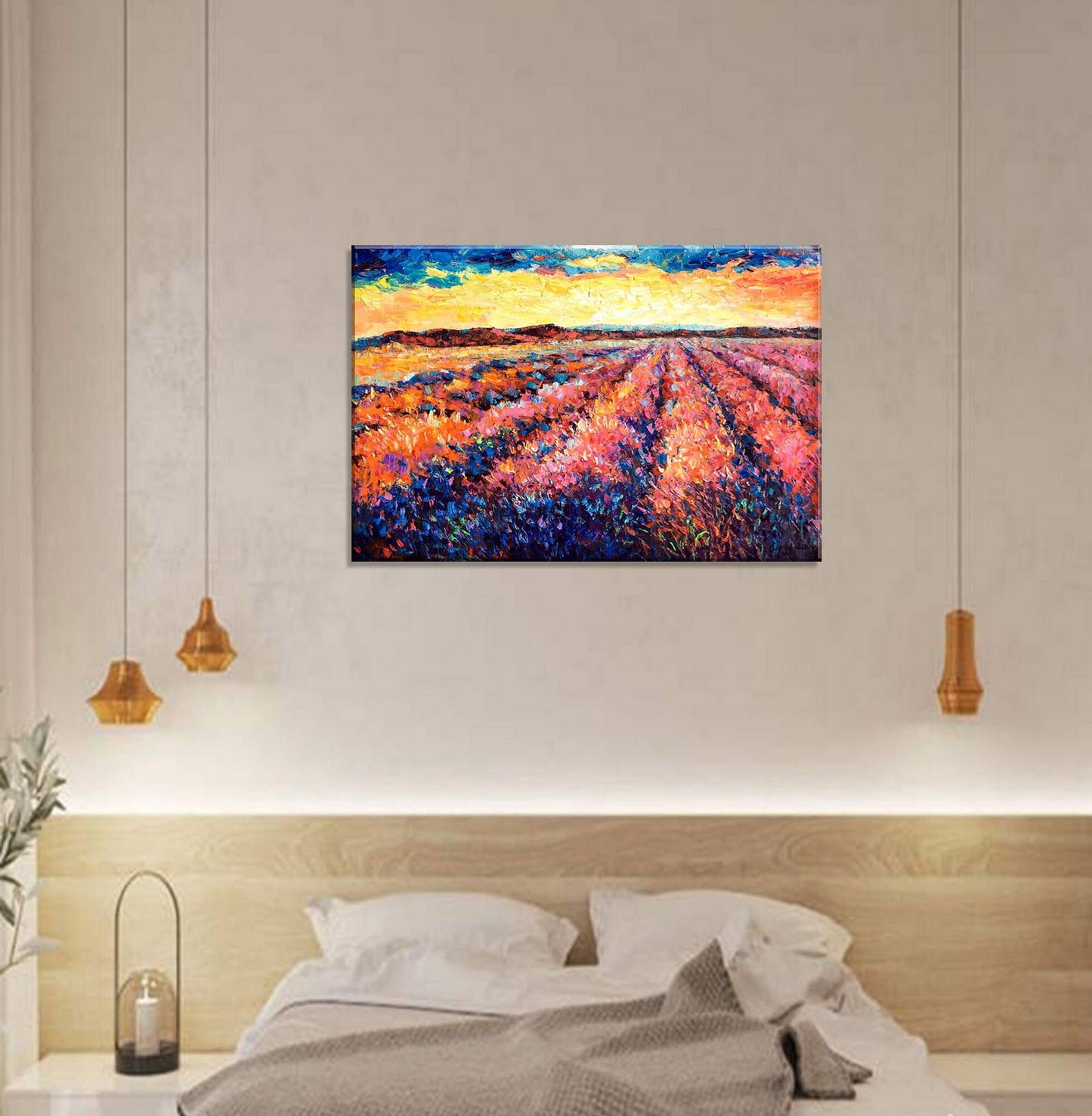 Large Landscape Oil Painting Tuscany Lavender Fields Spring Sunrise, Oil Painting Original, Canvas Art, Abstract Painting, Abstract Wall Art