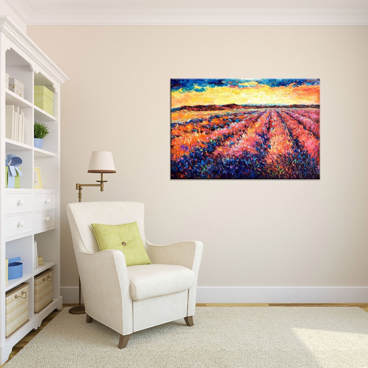 Large Landscape Oil Painting Tuscany Lavender Fields Spring Sunrise, Oil Painting Original, Canvas Art, Abstract Painting, Abstract Wall Art