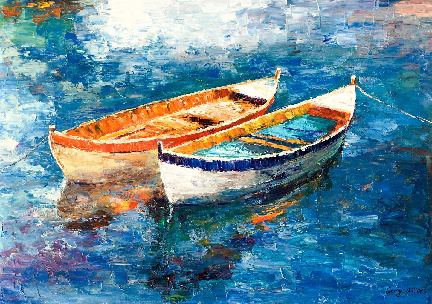 Large Oil Painting Fishing Boats, Living Room Wall Art, Original Oil Painting Seascape, Wall Decor, Original Artwork, Modern Canvas Painting