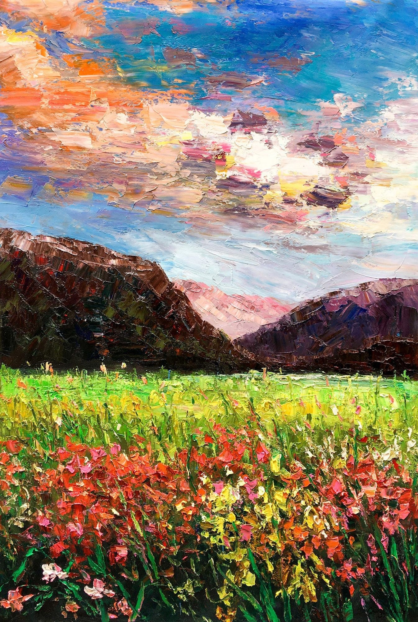 Oil Painting Spring Landscape with Hills and Flowers, Oil Painting Original, Canvas Painting, Landscape Painting, Large Wall Art Painting