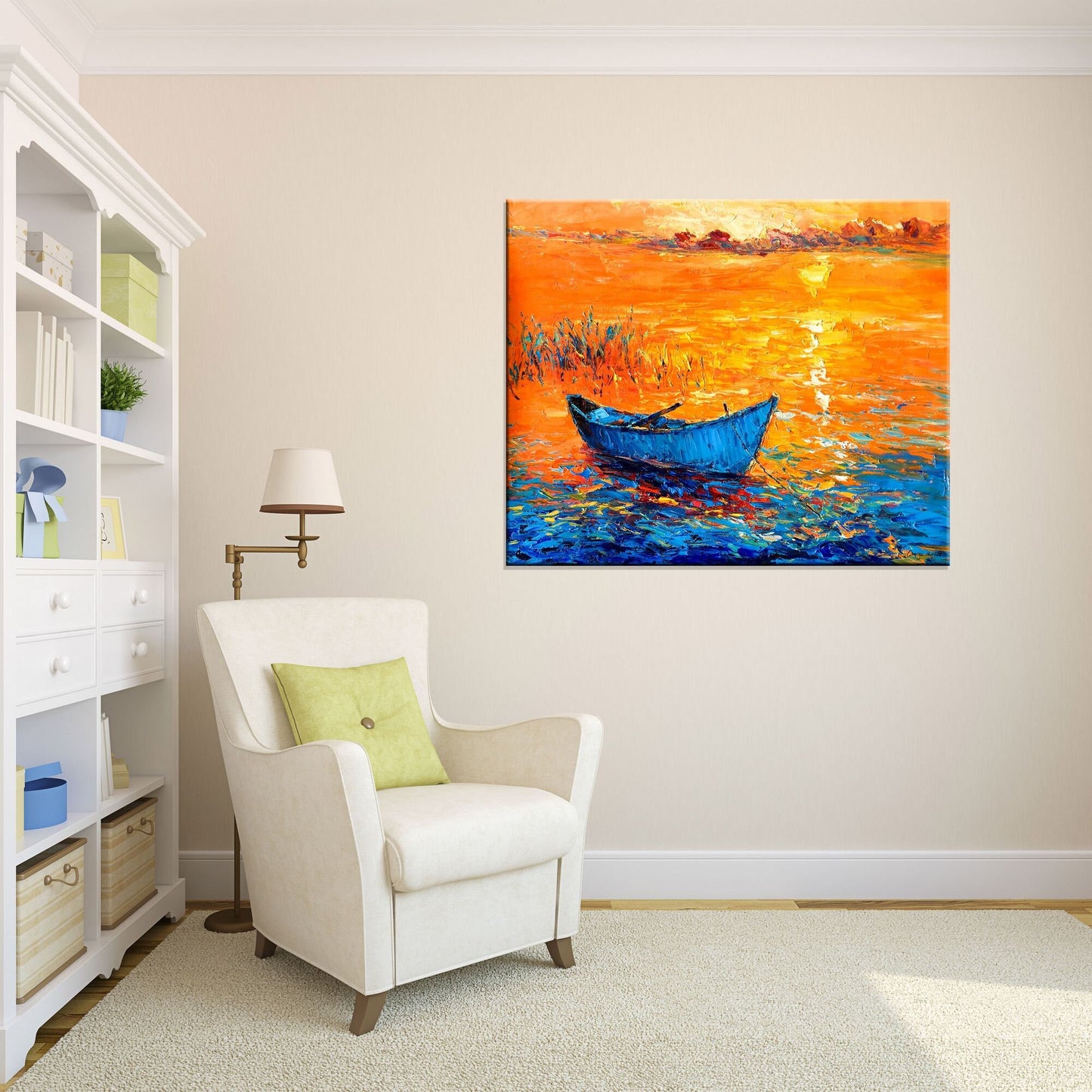 Oil Painting Fishing Boat At Sea Sunset, Wall Art, Oil Painting, Landscape, Handmade Painting, Modern Wall Art, Textured Painting