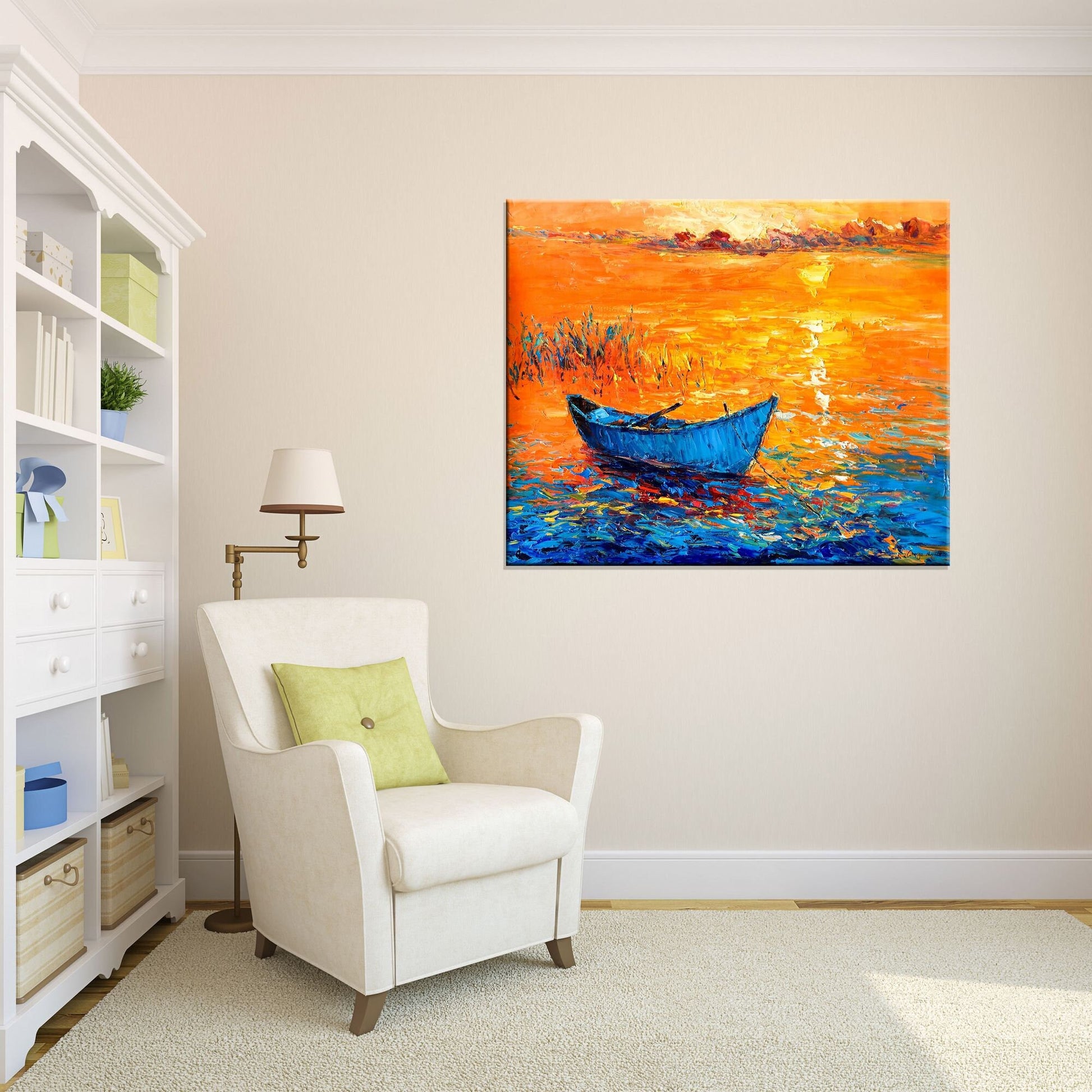 Oil Painting Fishing Boat At Sea Sunset, Wall Art, Oil Painting, Landscape, Handmade Painting, Modern Wall Art, Textured Painting
