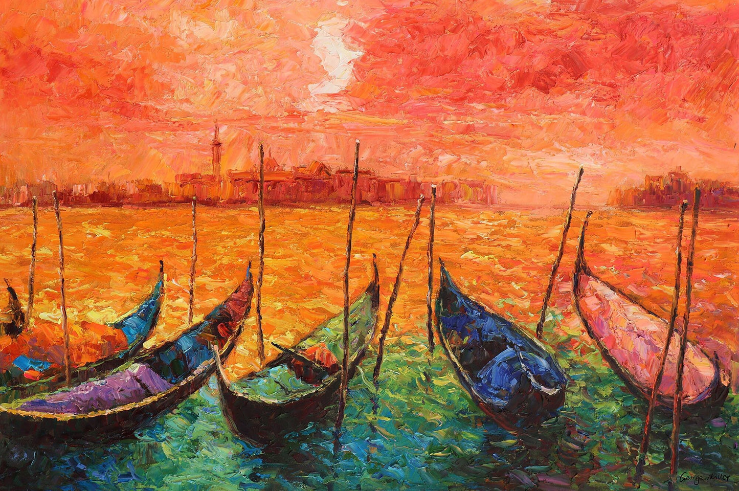 Oil Painting Venice at Dawn Gondolas, Modern Wall Art, Modern Art, Canvas Art, Original Oil Painting Landscape, Rustic Living Room Decor