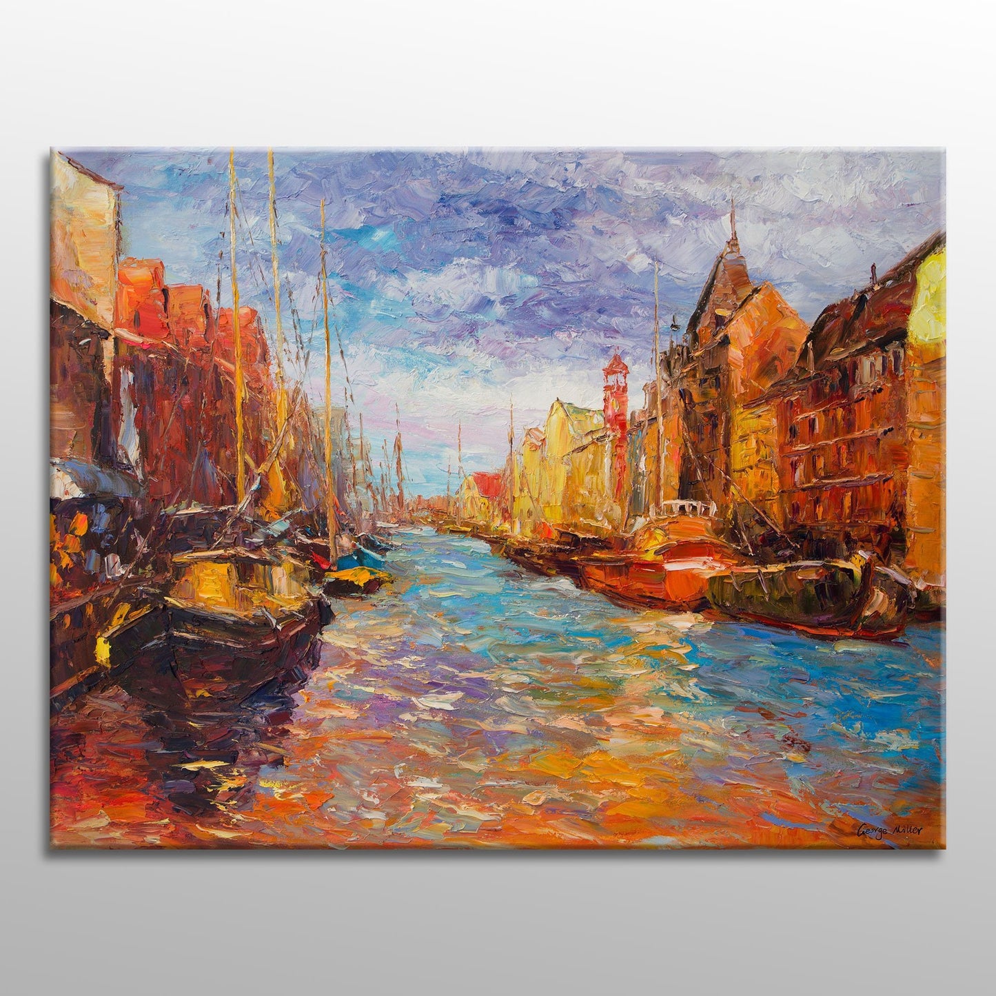 Oil Painting Amsterdam Canal Boats, Abstract Painting, Canvas Painting, Contemporary Art, Living Room Decor, Large Landscape Painting