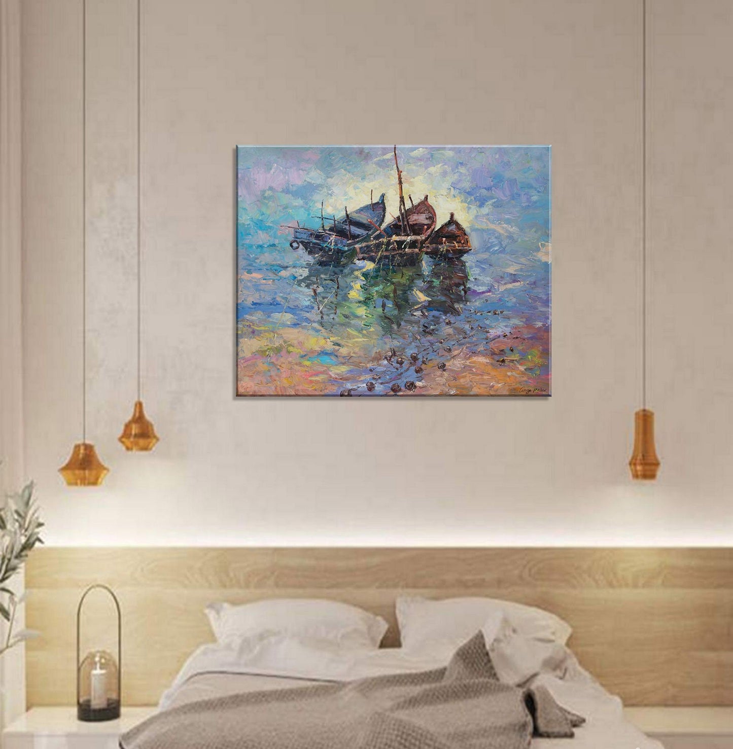 Large Oil Painting Fishing Boats at Sea, Canvas Painting, Contemporary Art, Living Room Decor, Large Oil Painting, Large Seascape Painting