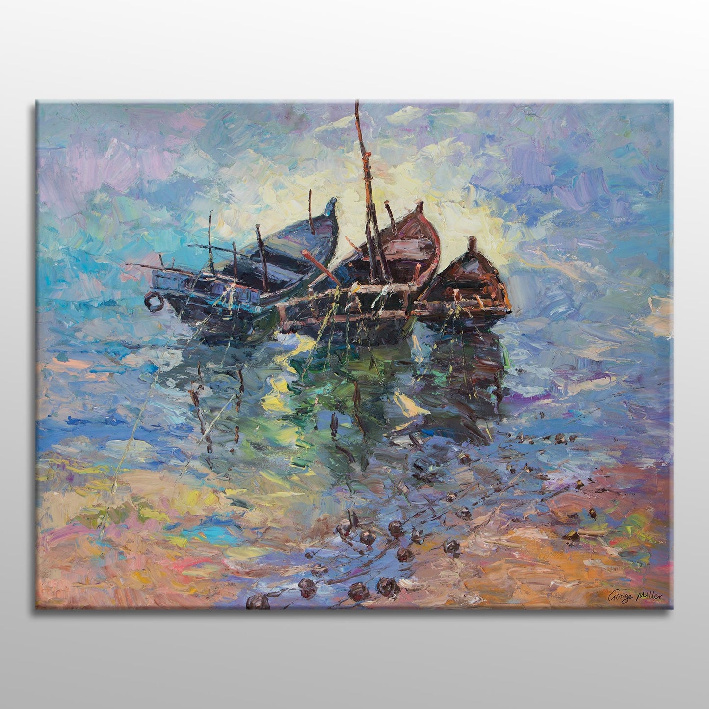 Large Oil Painting Fishing Boats at Sea, Canvas Painting, Contemporary Art, Living Room Decor, Large Oil Painting, Large Seascape Painting