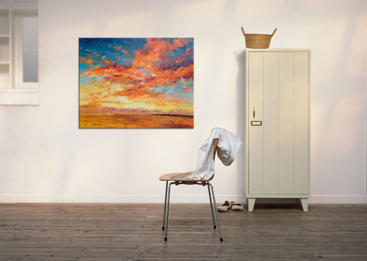 Large Wall Art Seascape Oil Painting Boats at Sea Sunset, Abstract Art, Living Room Wall Decor, Original Oil Painting, Large Abstract Art