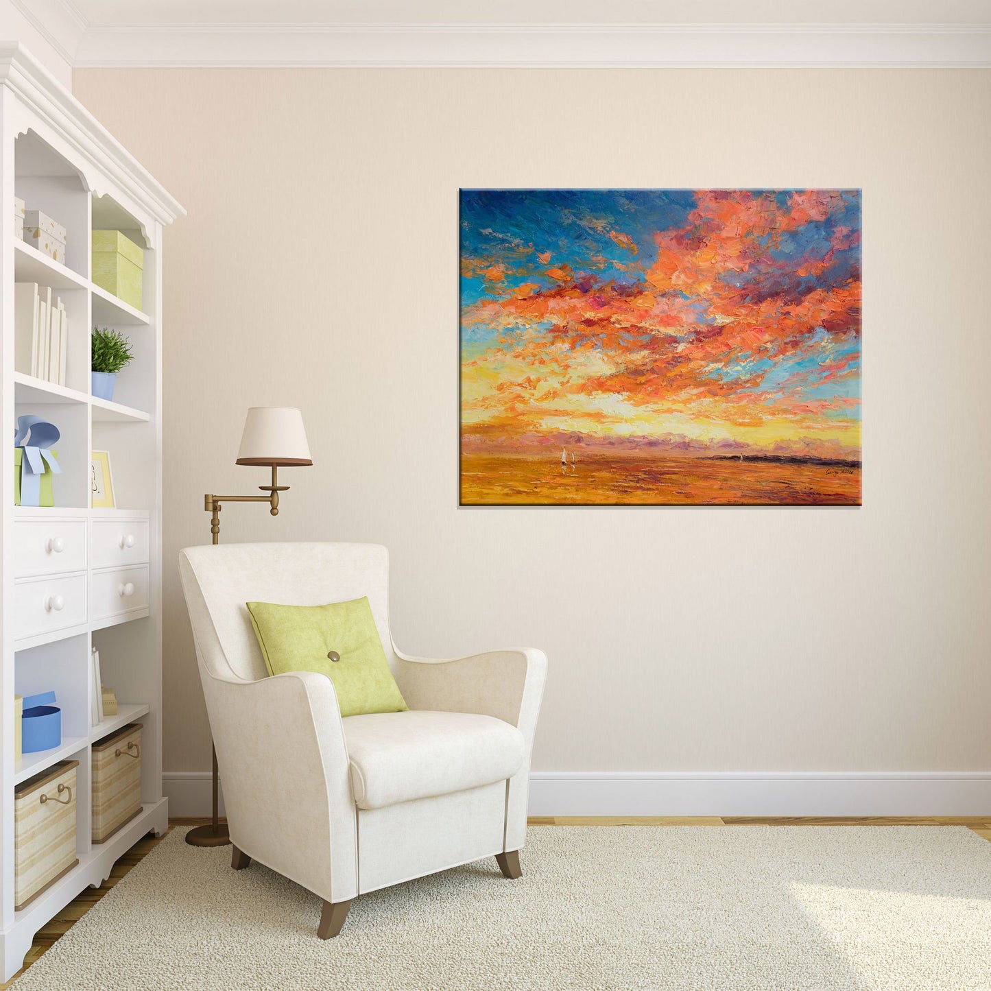 Large Wall Art Seascape Oil Painting Boats at Sea Sunset, Abstract Art, Living Room Wall Decor, Original Oil Painting, Large Abstract Art