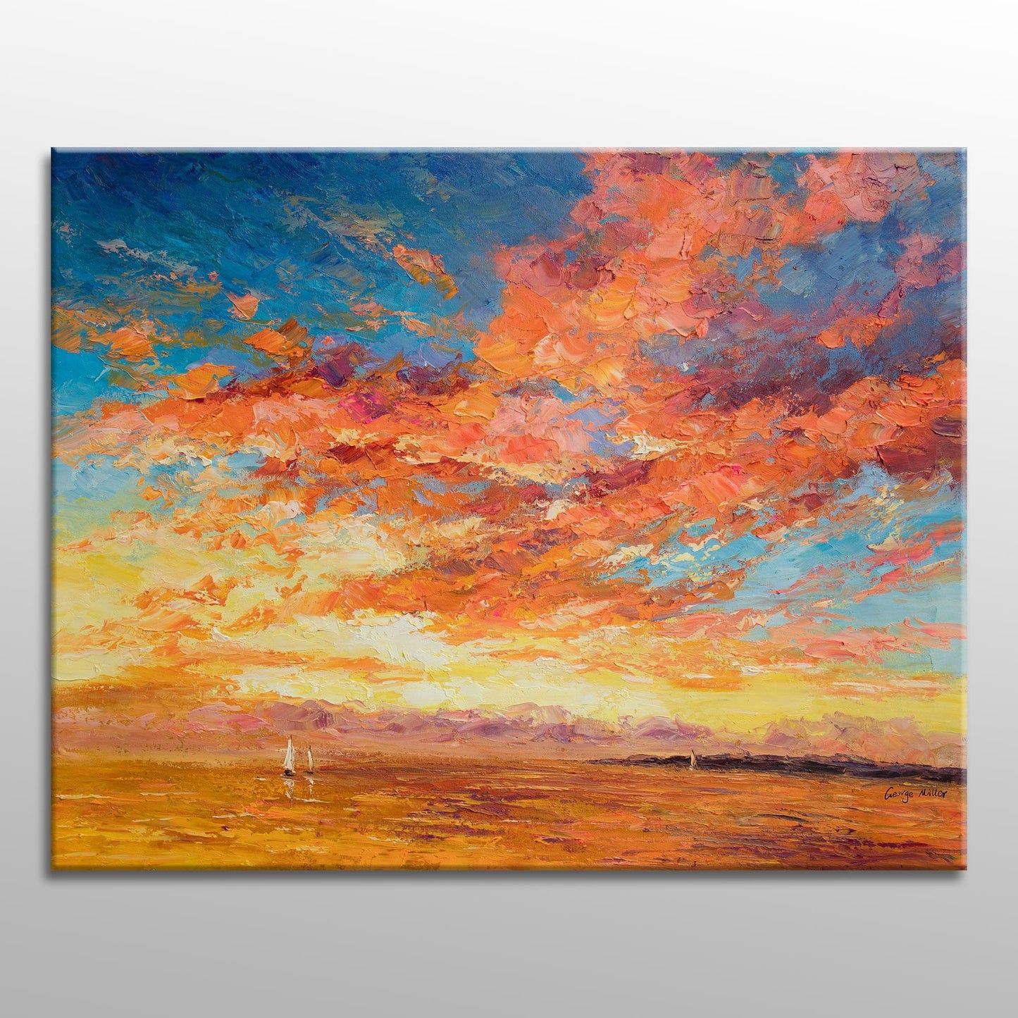Large Wall Art Seascape Oil Painting Boats at Sea Sunset, Abstract Art, Living Room Wall Decor, Original Oil Painting, Large Abstract Art