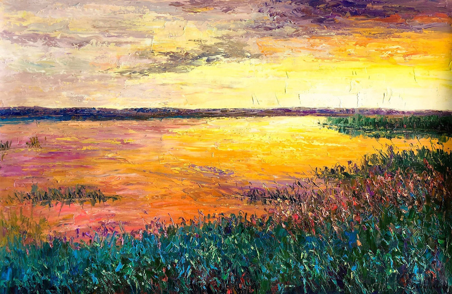 Oil Painting Landscape Riverside Sunset, Wall Art, Wall Art Painting, Abstract Landscape, Extra Large Painting, Handmade Art, Contemporary