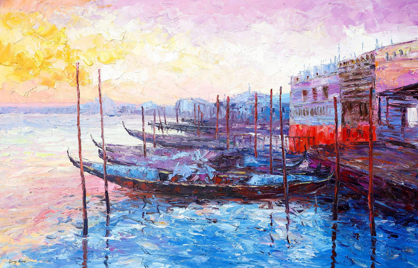 Oil Painting Venice Gondora Grand Canal Sunrise, Fine Art, Wall Art Painting, Extra Large Abstract Painting, Handmade Art, Modern Painting