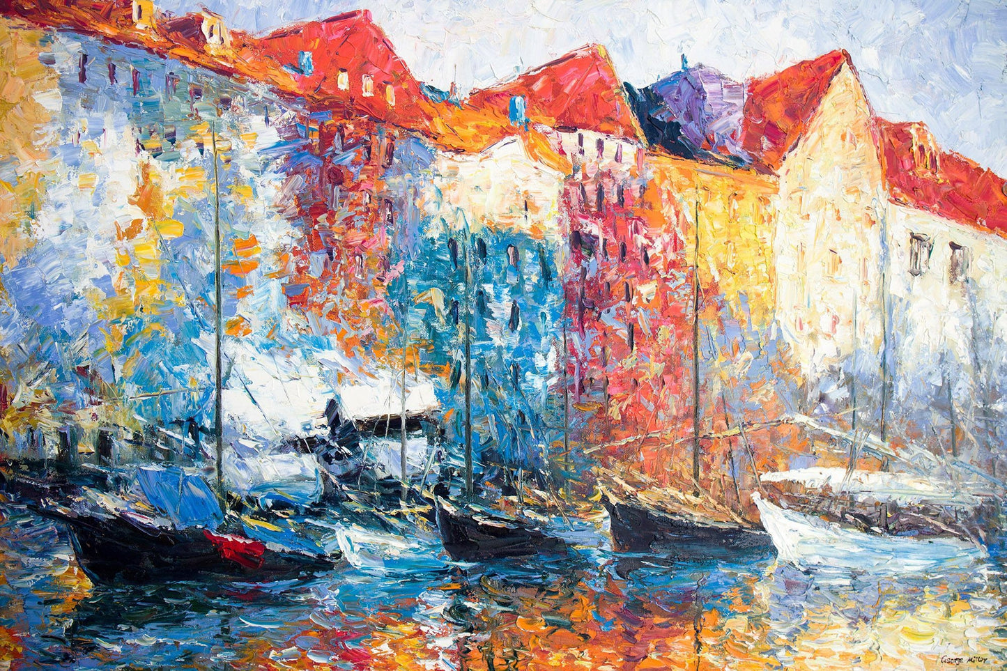 Large Oil Painting Cityscape Amsterdam Boats, Abstract Wall Art, Contemporary Art, Original Painting, Oil Painting Seascape Large Canvas Art