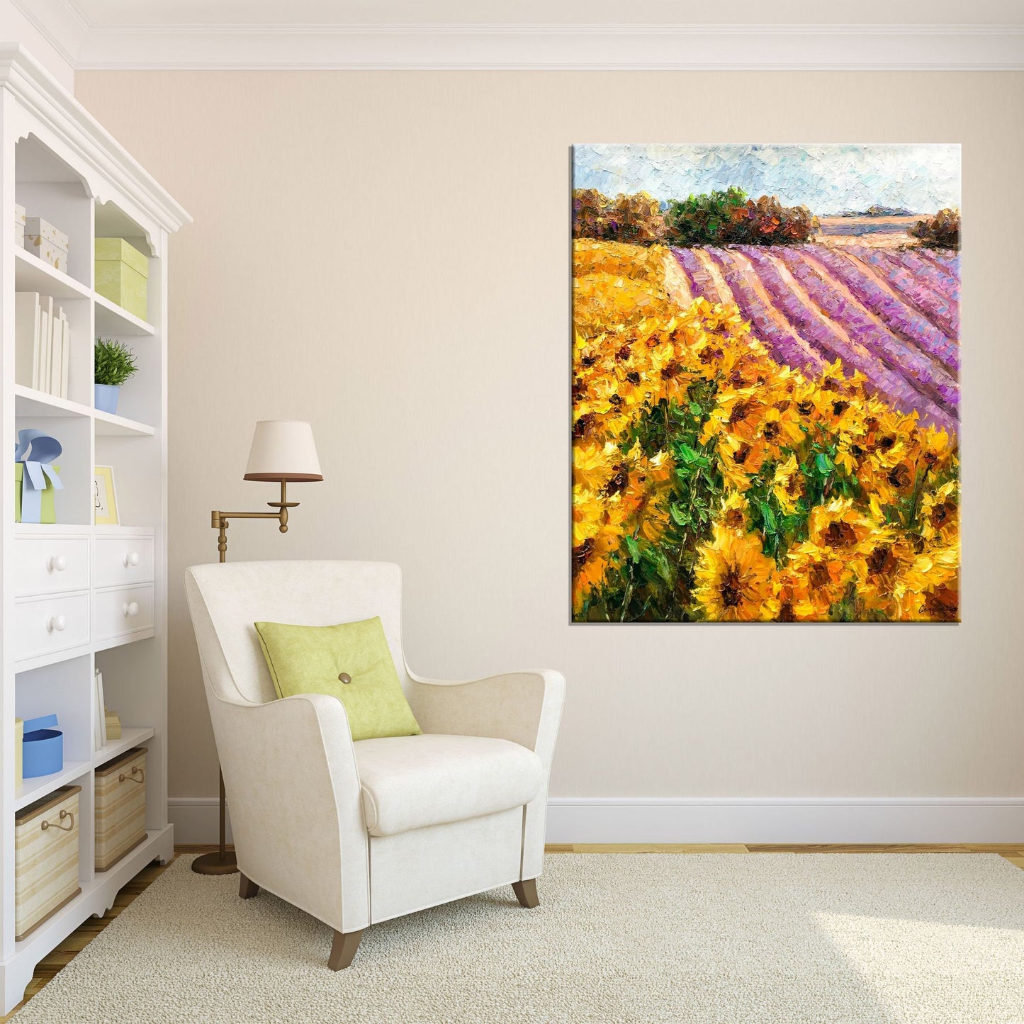 Landscape Oil Painting Lavender Fields With Sunflowers, Fine Art, Wall Art Painting, Hand Painted, Modern Art, Impasto Paintings On Canvas