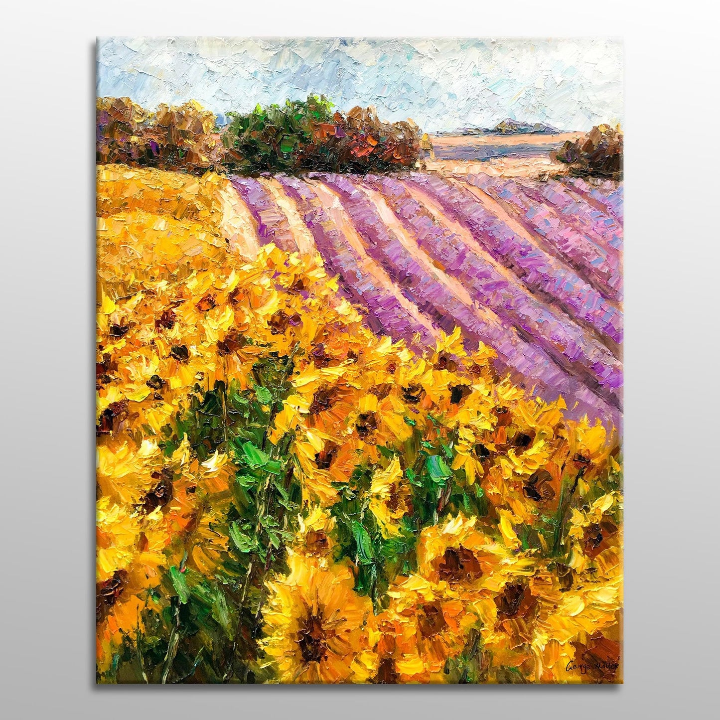 Landscape Oil Painting Lavender Fields With Sunflowers, Fine Art, Wall Art Painting, Hand Painted, Modern Art, Impasto Paintings On Canvas