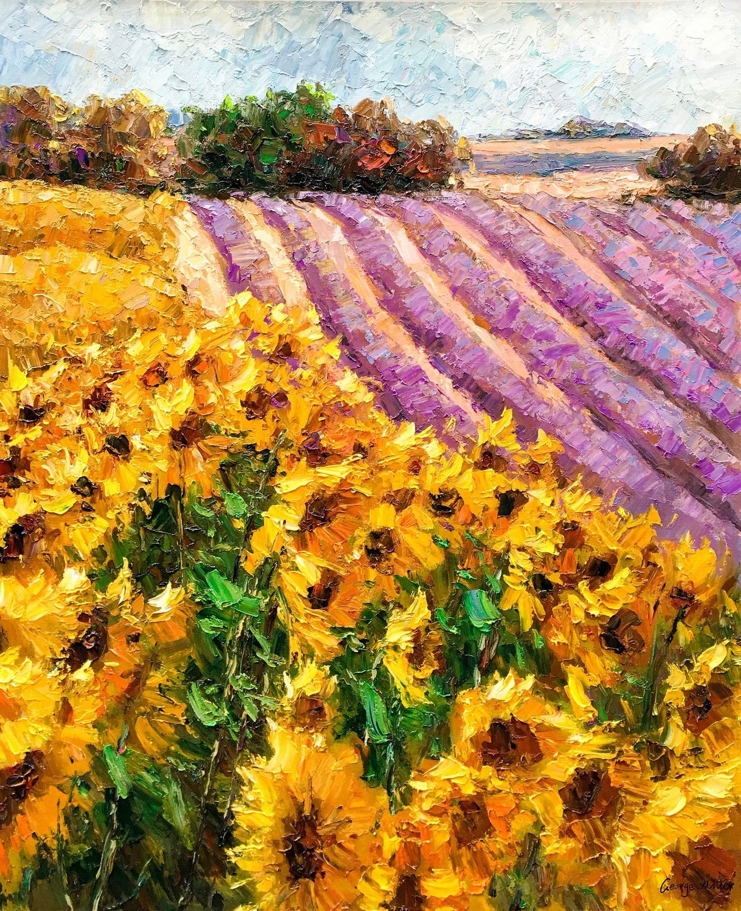 Landscape Oil Painting Lavender Fields With Sunflowers, Fine Art, Wall Art Painting, Hand Painted, Modern Art, Impasto Paintings On Canvas