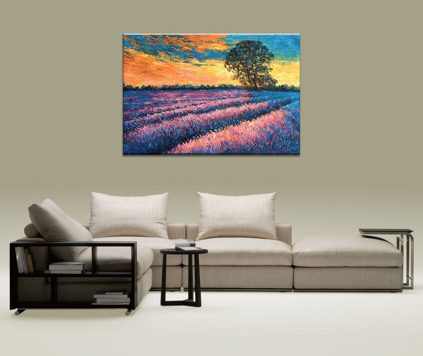 Landscape Oil Painting French Provence Lavender Fields Sunset, Wall Art, Large Painting, Handmade Painting, Modern Painting, Impasto