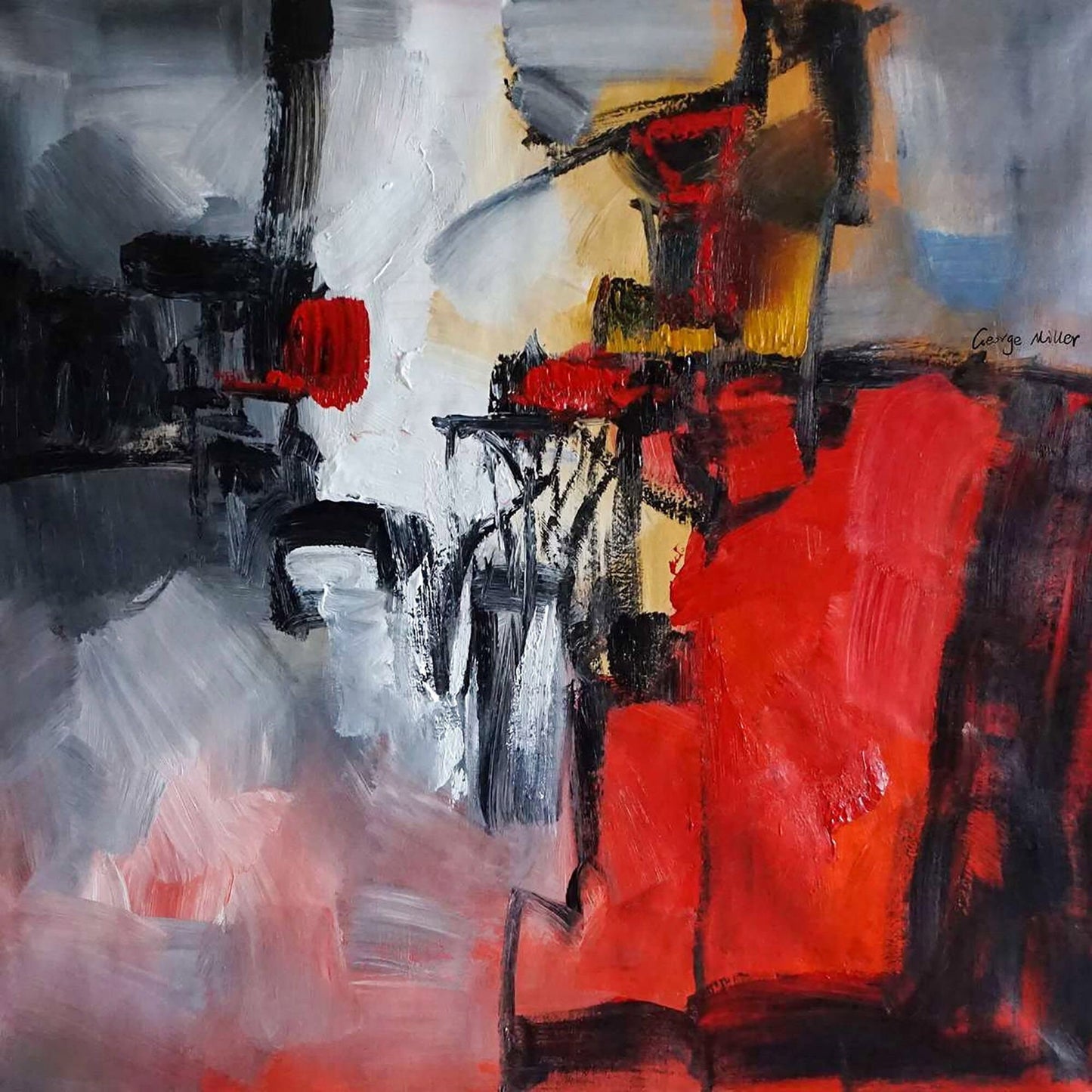 Square Abstract Oil Painting Minimalist Black And Red, Canvas Wall Art, Oil On Canvas Painting, Canvas Wall Art Abstract, Oversized Painting