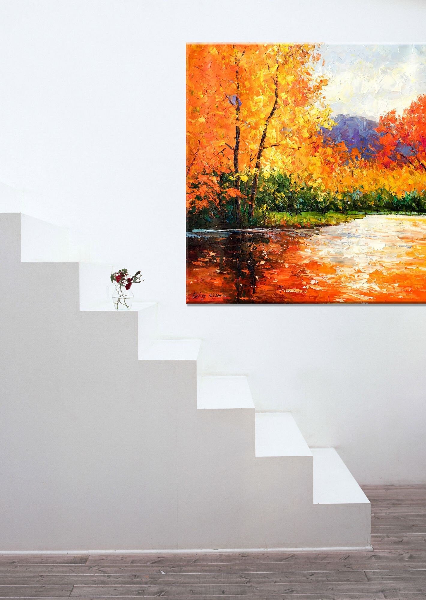 Oil Painting Autumn Trees By The River, Canvas Art, Oil Painting, Landscape Wall Art, Oversized Wall Art, Handmade Painting, Rustic Painting