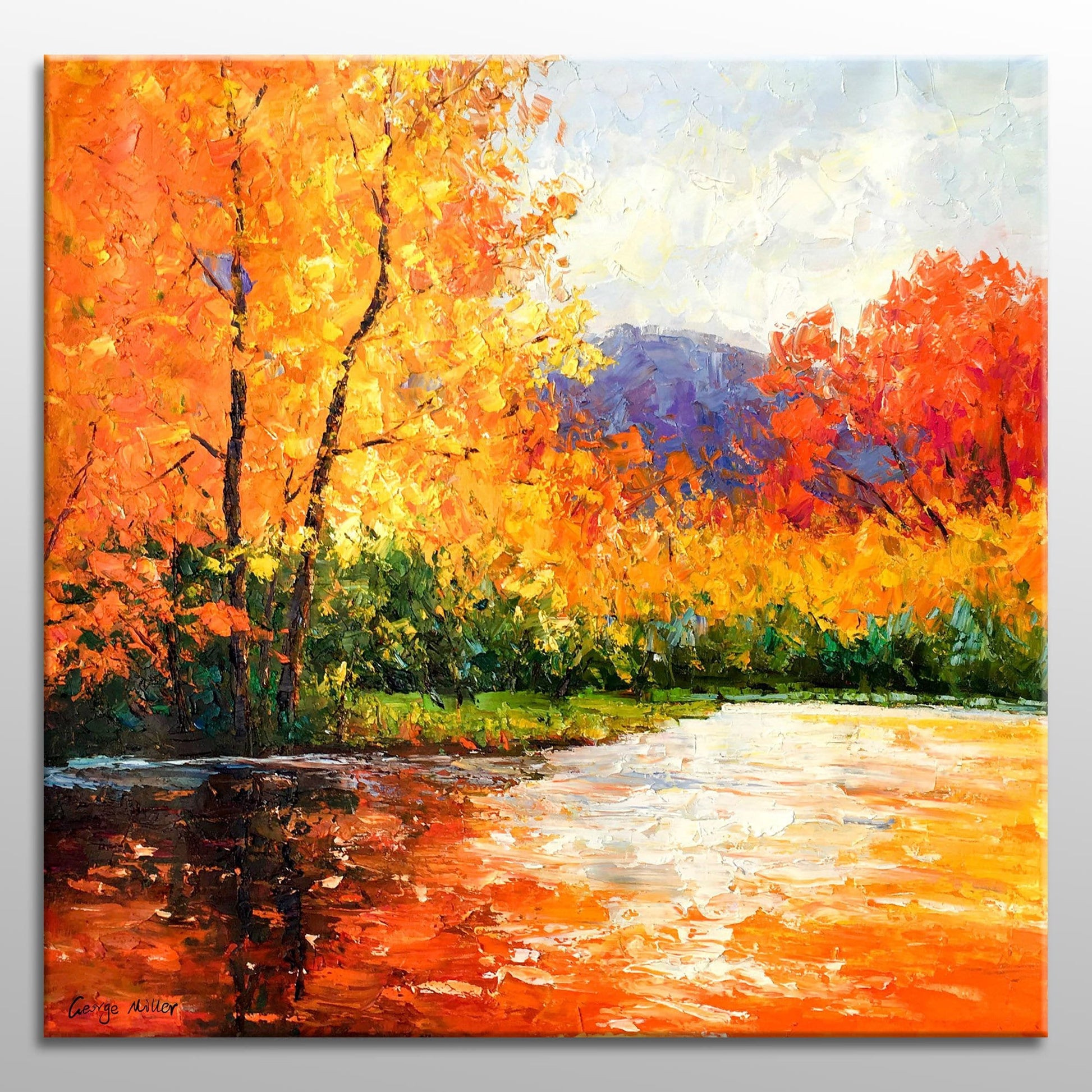 Oil Painting Autumn Trees By The River, Canvas Art, Oil Painting, Landscape Wall Art, Oversized Wall Art, Handmade Painting, Rustic Painting