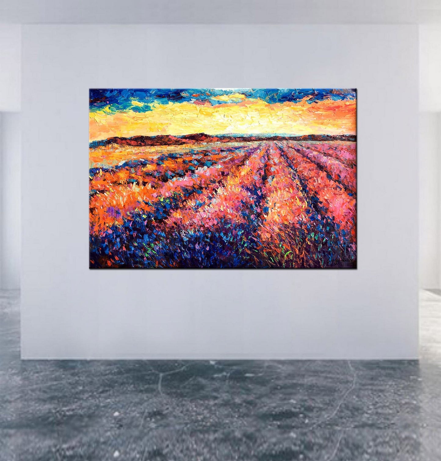 Large Landscape Oil Painting Tuscany Lavender Fields Spring Sunrise, Oil Painting Original, Canvas Art, Abstract Painting, Abstract Wall Art